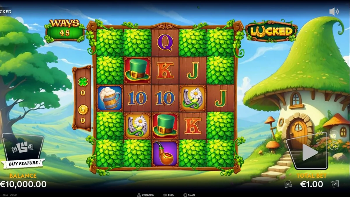 O slot Lucked da Wicked Games apresentando o duende e o cenário de vales irlandeses