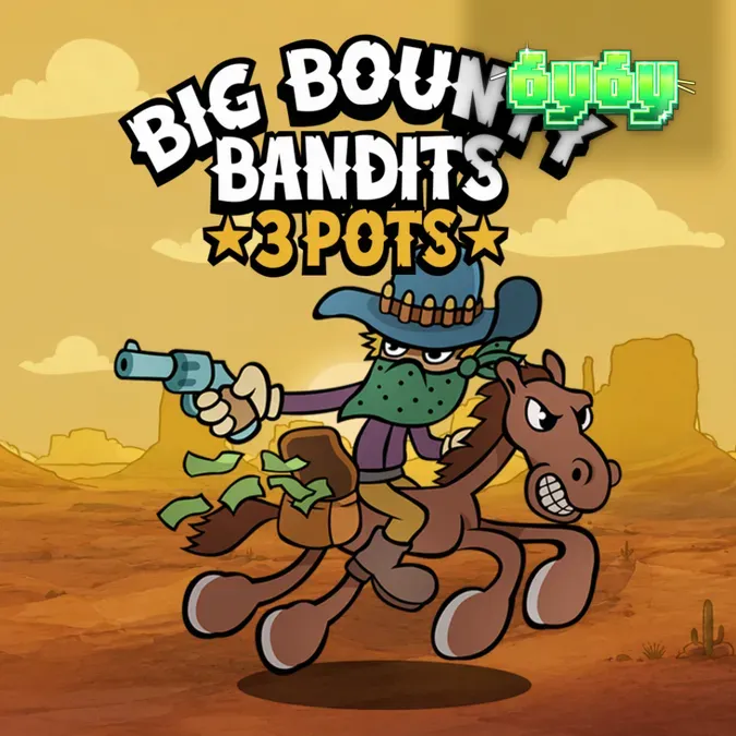 Cena do jogo Big Bounty Bandits 3 Pots com bandidos de desenho animado e símbolos de moedas em um cenário de Velho Oeste.